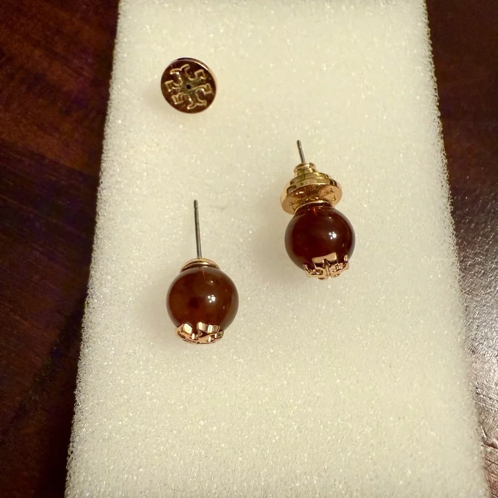 Tory Burch Gold and Brown Logo Stud Earrings - Picture 3 of 3